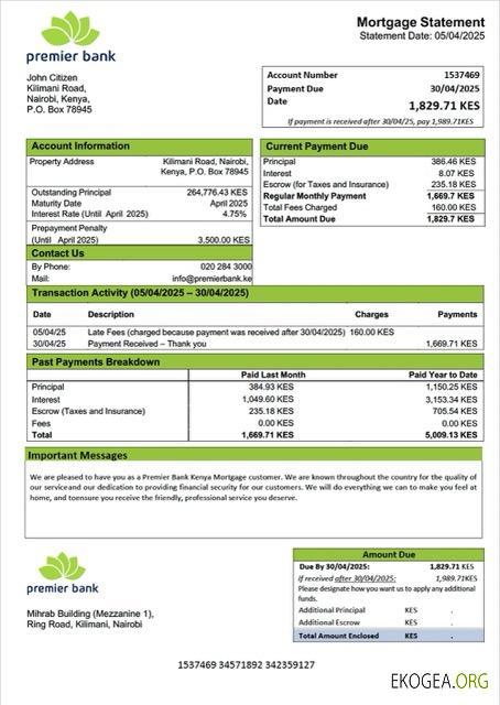 Kenya Premier Bank Kenya relevé hypothécaire Modèle Word et PDF